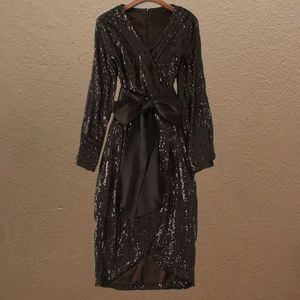 Black Sequin Evening Dress with ribbon tie